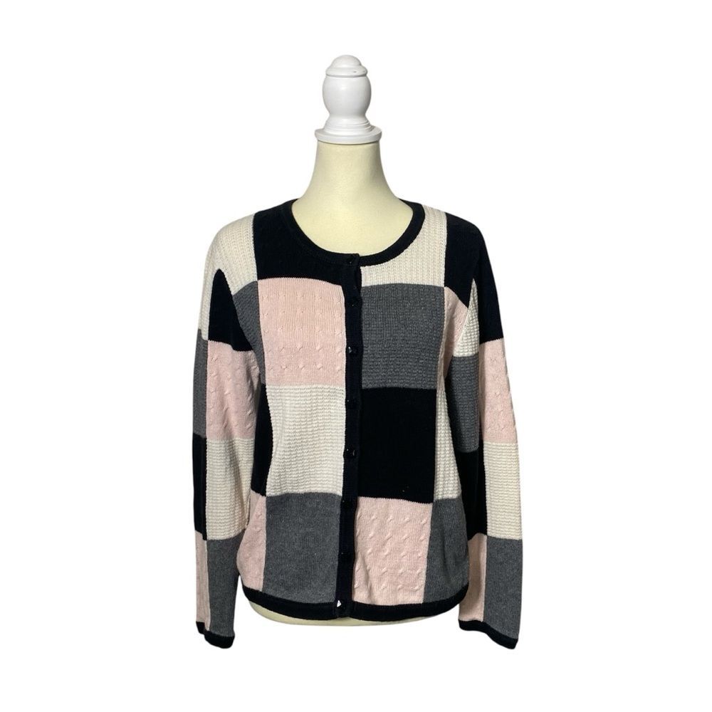Christopher & Banks Ramie/Cotton Patchwork Knit Button Front Cardigan Size M